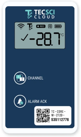 Data logger TC-CORE de nueva generación, con pantalla LCD mostrando la temperatura