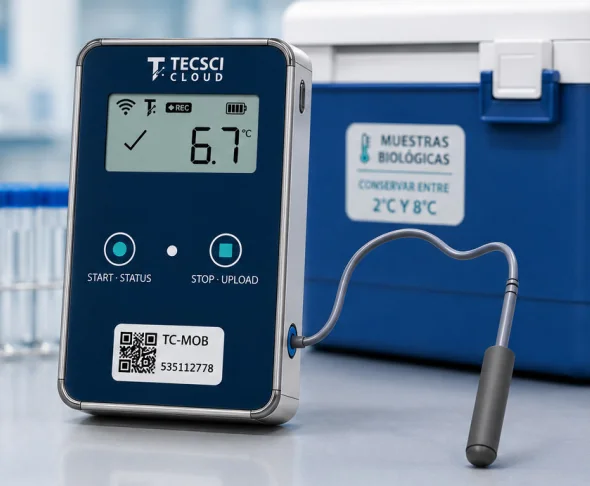 Data logger portátil TC-MOB junto a una conservadora de transporte de muestras biológicas