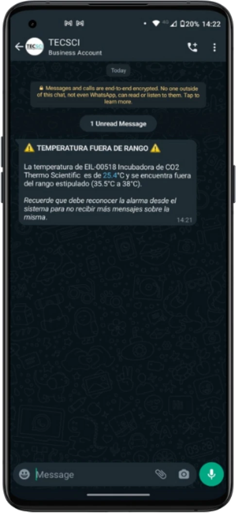 Alerta de temperatura fuera de rango recibida por WhatsApp